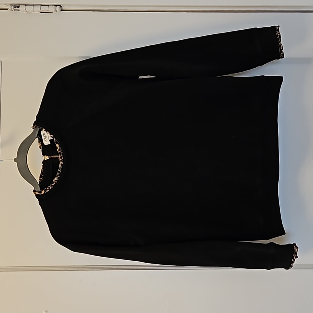 J. Crew Black Sweater with Cheetah Neckline and Sleeve Ruffle Detail